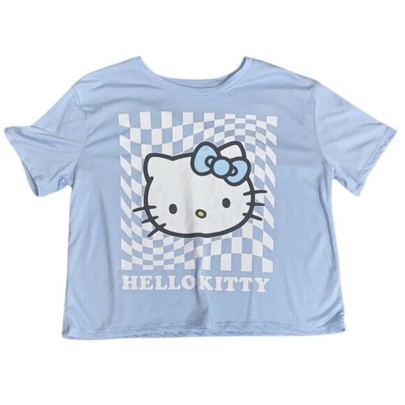 Hello Kitty by Sanrio Blue Checkerboard Cropped Graphic Tee Size M - Picture 10 of 10